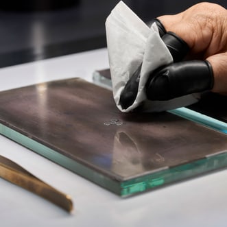 This image shows a hand holding fine tweezers putting the finishing touches on the components of a Roger Dubuis MONOBALANCIER Blacklight Spin-Stone™ watch. The watch's hands and crown are positioned around the case.