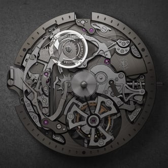 This image offers a macro view of the RD107 caliber, the heart of a minute repeater watch. The complex arrangement of components is visible and captures the precision and craftsmanship involved in creating this horological masterpiece.