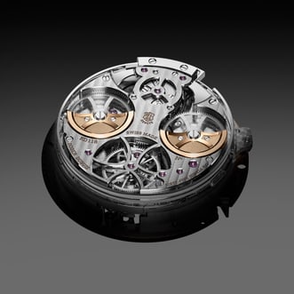 The image showcases the intricate inner workings of a Roger Dubuis timepiece, highlighting the "savoir-faire" in watchmaking. The focus is on the Calibre RD118, a movement known for its minute repeater complication. The components are meticulously arranged and finished, demonstrating the Maison commitment to craftsmanship.