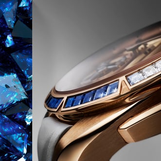 The image is a close-up of the Roger Dubuis Excalibur Monotourbillon RDDBEX1134 watch, highlighting its rose gold case and bezel adorned with baguette-cut blue sapphires and diamonds.
