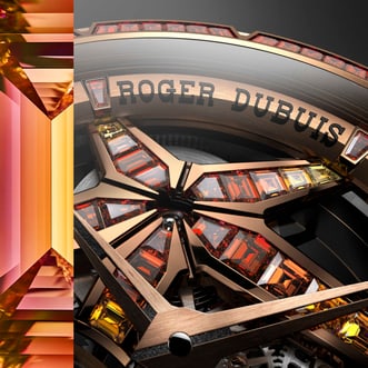 The image is a detailed close-up of the Roger Dubuis Excalibur Double Tourbillon RDDBEX1130 watch. It highlights the skeletonized dial with its star motif adorned with warm-hued gemstones (orange, red, yellow). On the left side, a faceted element with gradient colors from orange to pink completes the composition.
