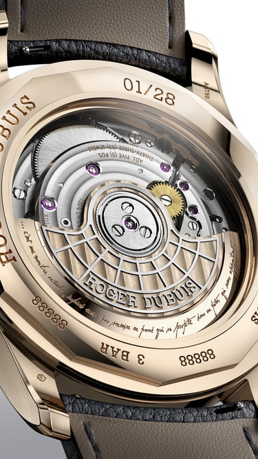 The image displays the reverse side of the Hommage la Placide timepiece, featuring a polished gold-toned case. A transparent case back reveals the intricate mechanical movement of the watch, showcasing its gears, jewels, and rotor. The watch is fitted with a dark-colored leather strap, partially visible. The background is clean and minimalist, highlighting the craftsmanship and details of the timepiece.