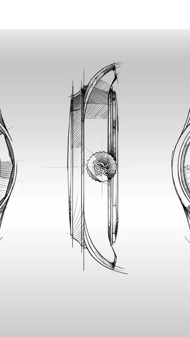 A hand-drawn sketch presenting three technical views of a Roger Dubuis watch, likely the Hommage La Placide, showing its front dial with perpetual calendar and moon phase, its side profile, and its case back revealing the movement, all on a white background with a signature.