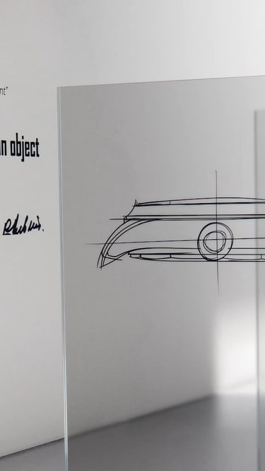 The image shows an exhibition display featuring a white wall with the quote "The watch has always been an object that stirs emotion" and a signature, alongside headphones, and transparent panels showcasing technical sketches of a watch's side profile.