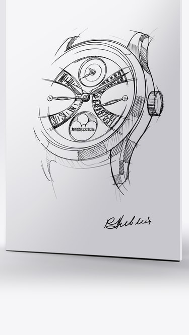A hand-drawn sketch of a Roger Dubuis watch, likely the Hommage La Placide, featuring a detailed dial with perpetual calendar elements and a moon phase display, presented on a white background with a signature at the bottom.