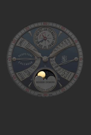 A full view of the Roger Dubuis Hommage La Placide watch dial, showcasing the perpetual calendar layout with month, leap year, day, and date indicators, with particular emphasis on the moon phase display, all on a blue dial with metallic accents and an outer minute track.