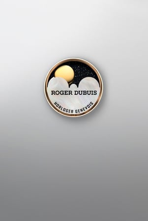This image shows a circular moon phase indicator, featuring a golden moon against a starry background, with "ROGER DUBUIS" and "HORLOGER GENEVOIS" text.