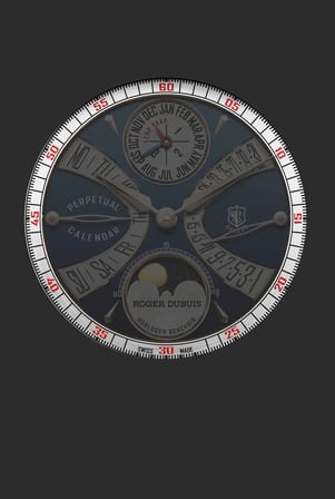 A full view of the Roger Dubuis Hommage La Placide watch dial, featuring a comprehensive perpetual calendar layout with month, leap year, day, and date indicators, along with a moon phase display, all presented on a blue dial with metallic accents and an outer minute track.