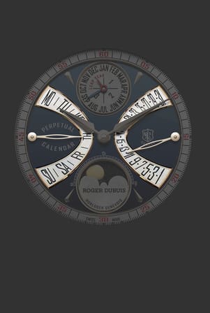 A full view of the Roger Dubuis Hommage La Placide watch dial, showcasing the perpetual calendar layout with month, leap year, day, and date indicators, a moon phase display, and highlighting the ecliptic segments, all on a blue dial with metallic accents and an outer minute track.