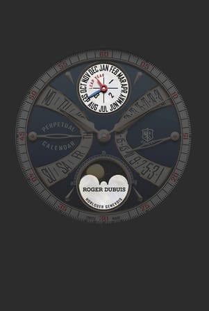 A full view of the Roger Dubuis Hommage La Placide watch dial, showcasing the perpetual calendar layout with month, leap year, day, and date indicators, along with a moon phase display, with particular emphasis on the various counters