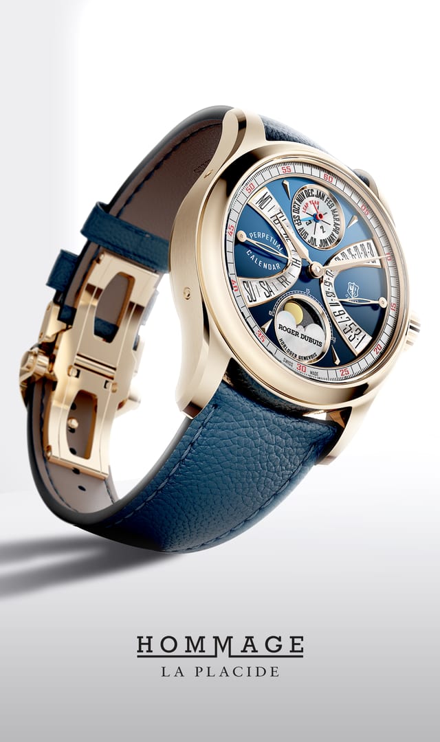 This image features the "Hommage La Placide" wristwatch with a rose gold case, a complex blue perpetual calendar dial, and a matching blue leather strap, presented against a clean white background with the "HOMMAGE LA PLACIDE" branding at the bottom.
