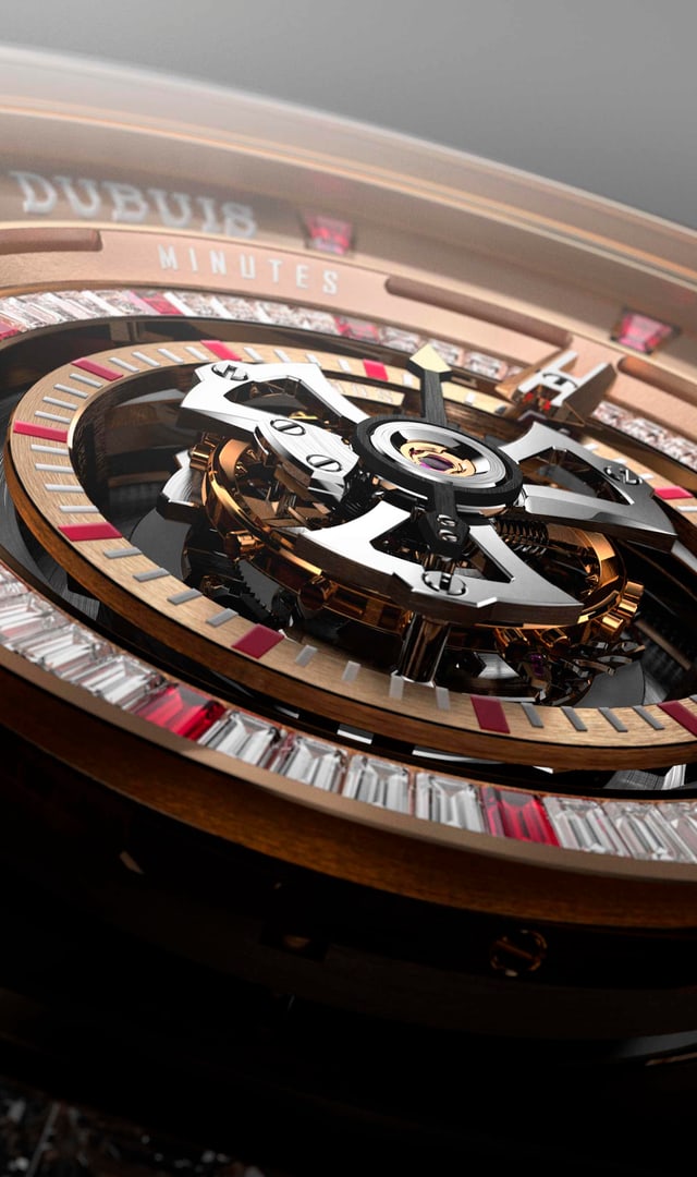 The image is a detailed close-up of the Roger Dubuis Excalibur Central Tourbillon RDDBEX1122 watch, highlighting its complex central tourbillon mechanism and gem-encrusted dial, including baguette-cut diamonds and red stones, all in gold and dark tones.