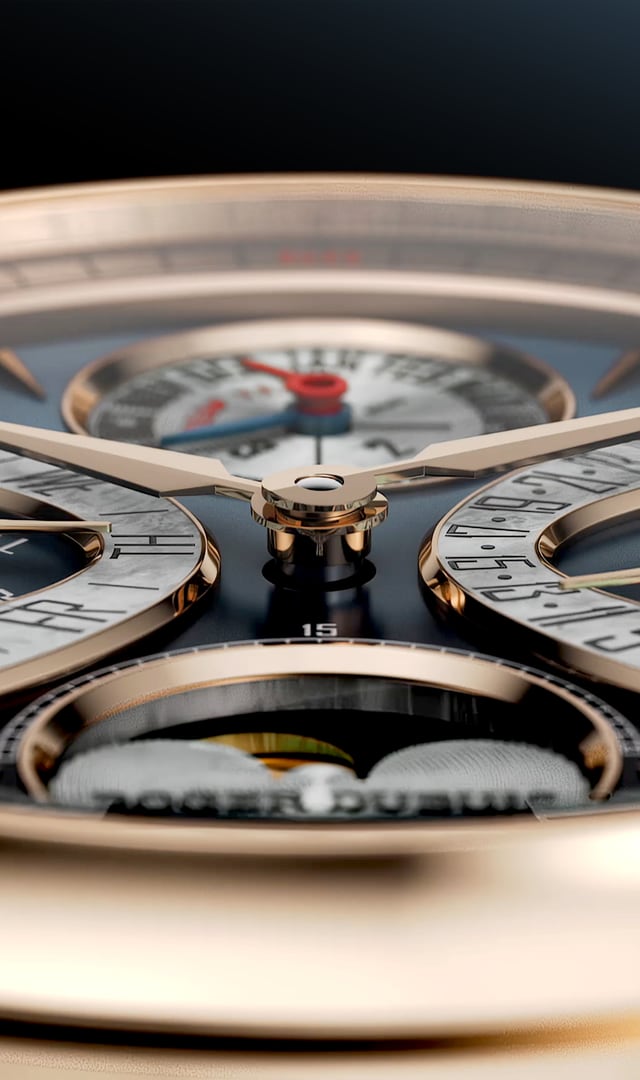 This image provides a close-up view of the Hommage La Placide timepiece dial, featuring a rose gold-toned case and a dark blue dial. The intricate dial displays multiple complications, including a Perpetual Calendar, day, and date indicators, with gold-toned hands and markers. The background is dark and blurred, emphasizing the watch's detailed craftsmanship.